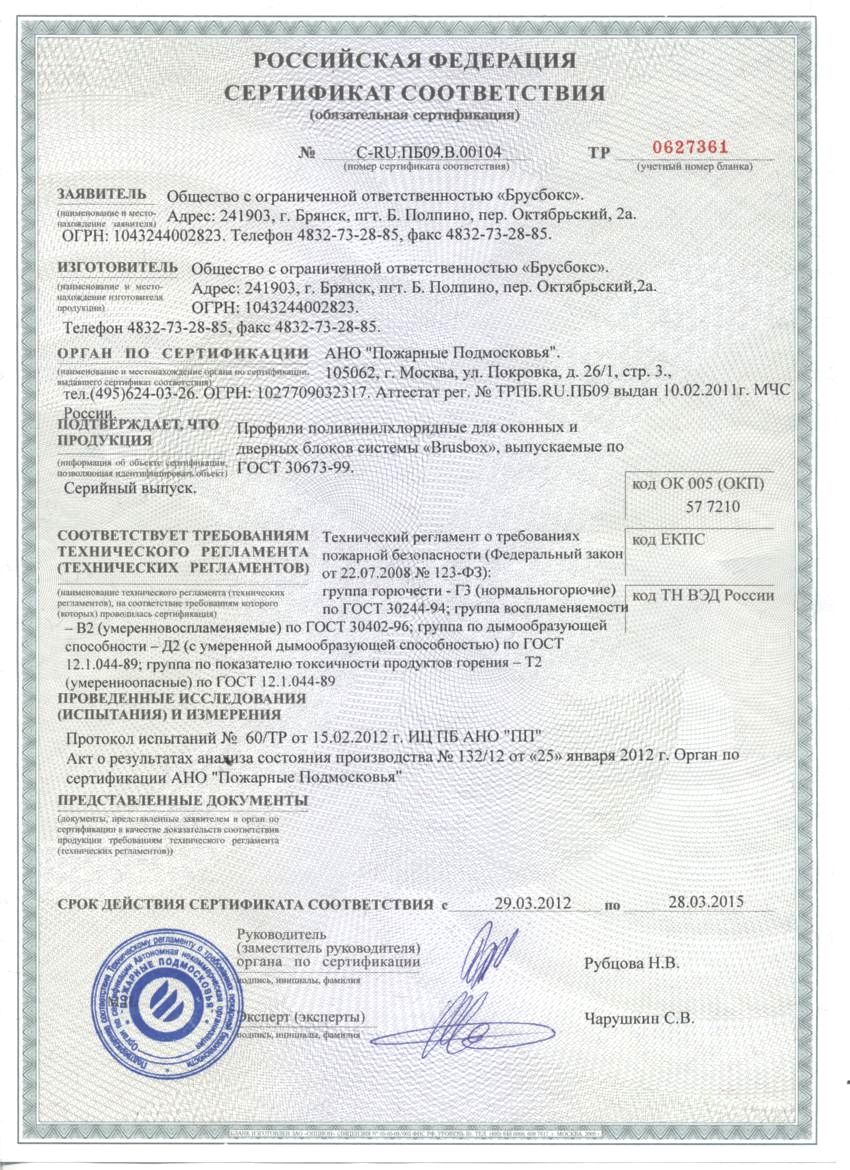 Сертификат пожарной безопасности Сертификат пожарной безопасности